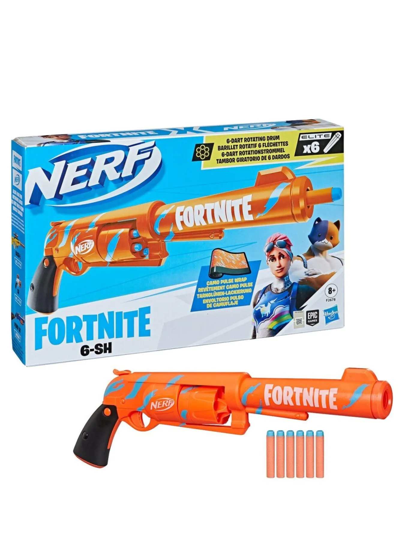 Christmas Gifts Nerf Fortnite 6-Sh Dart Blaster – Camo Pulse Wrap, Hammer Action Priming, 6-Dart Drum, 6 Nerf Elite Darts* Christmas Gifts
