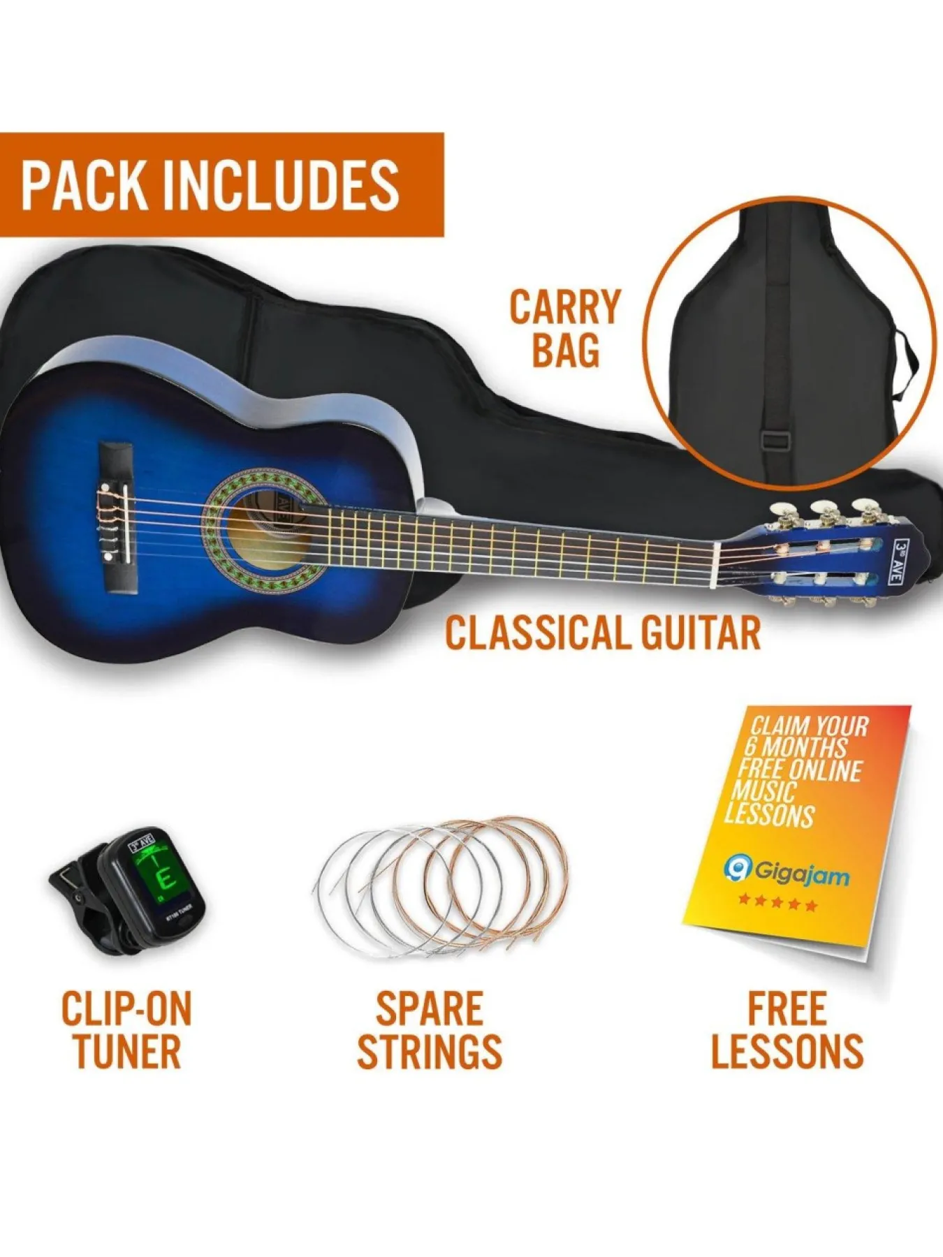 3rd Avenue 1/4 Size Classical Guitar Pack – Blueburst* 3Rd Avenue