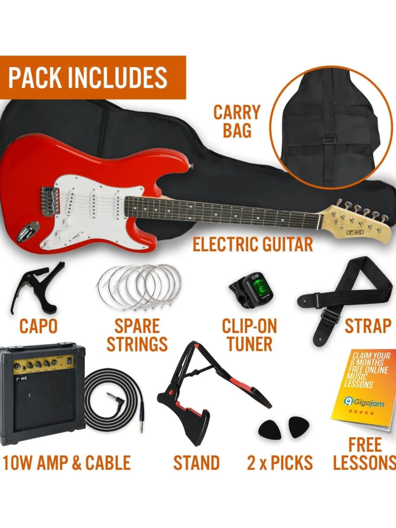 Christmas Gifts Rocket Full Size Electric Guitar Pack In Red With Free Online Music Lessons* Christmas Gifts